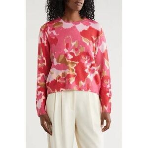 Saks Fifth Avenue Pink and Red Floral Crewneck Long Sleeve Wool Sweater